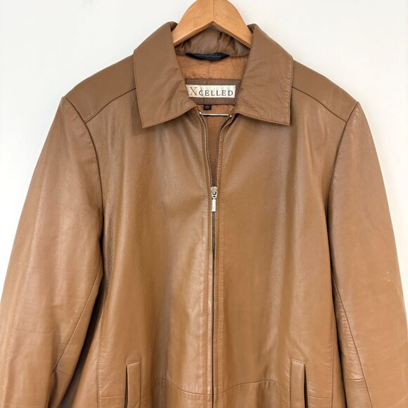 Excelled Mens Tan Brown Leather Jacket Size L Zip Front Collared 100% Leather - Picture 3 of 14